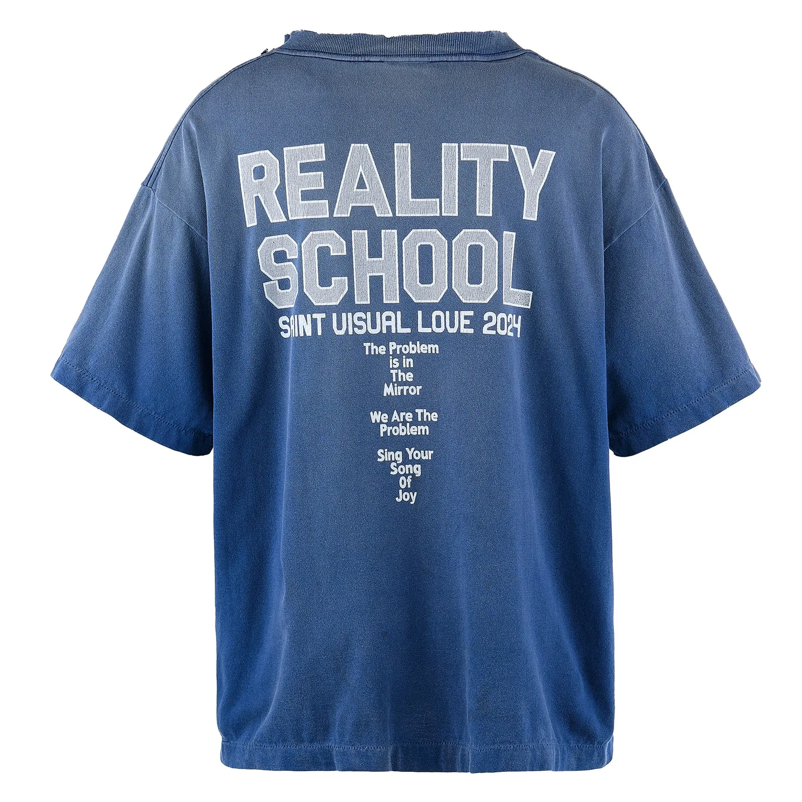SAINT Mxxxxxx REALITY SCHOOL SS_TEE/NVY slogan distressed short-sleeves, washed blue S-XL, garment dyeing, horse fade, ultra-complex shearing and destruction treatment, correct version, cylindrical fabric, customized original consistent main mark/wash mark, original consistent silver powder printing, distressed treatment
